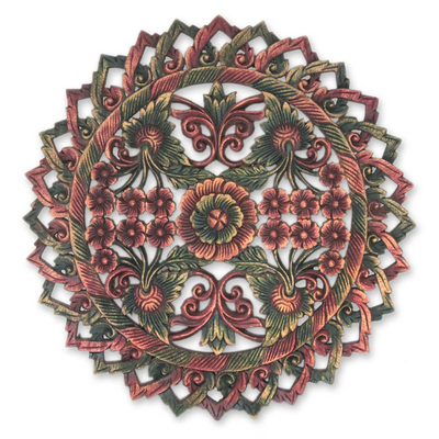Wood relief panel, 'Floral Medallion' - Wood relief panel