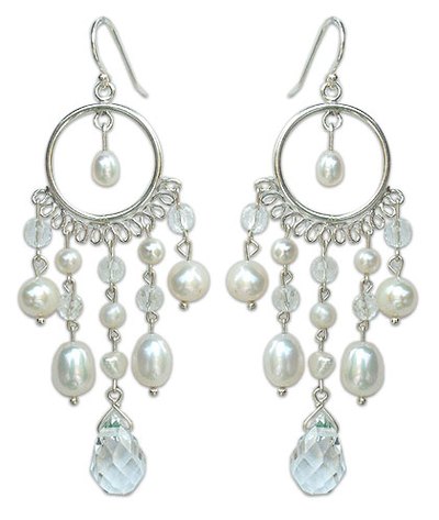 Pearl chandelier earrings, 'White Ruffles' - Hand Crafted Pearl Chandelier Earrings
