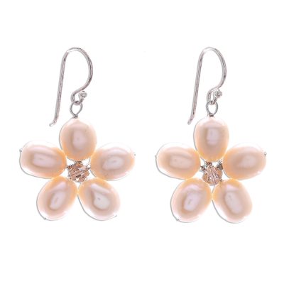 Pearl flower earrings, 'Pink Blossom' - Unique Pearl Flower Earrings