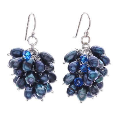 Pearl cluster earrings, 'Sweet Blue Grapes' - Pearl cluster earrings