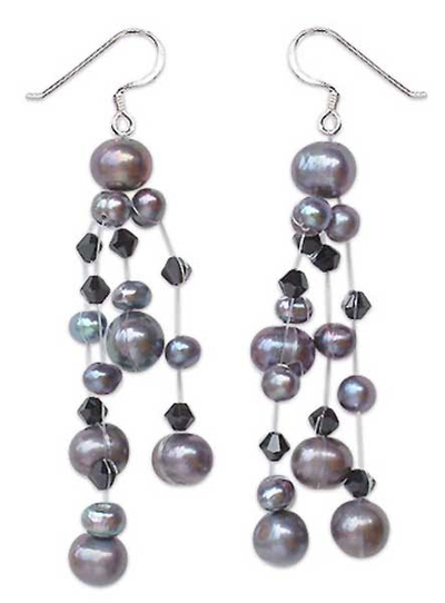 Pearl waterfall earrings, 'Charming in Black' - Pearl Waterfall Earrings