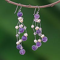 Pearl and amethyst waterfall earrings, 'Charming in Violet' - Pearl and amethyst waterfall earrings