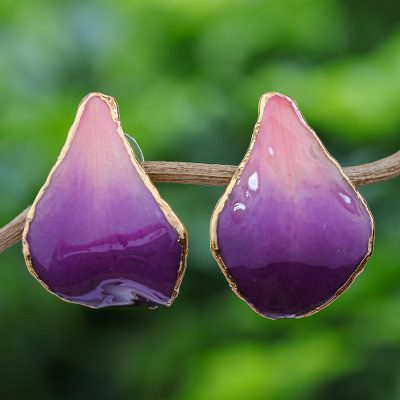 Gold-plated natural orchid button earrings, 'Purple Tears' - Gold Plated Natural Orchid Earrings