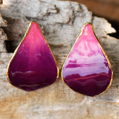 Gold-plated natural orchid button earrings, 'Purple Tears' - Gold Plated Natural Orchid Earrings