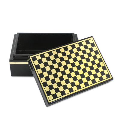 Lacquered wood box, 'Chess' - Handcrafted Lacquerware Mango Wood Decorative Box