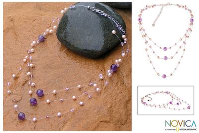 Pearl and amethyst choker, 'Gossamer Violet' - Artisan Crafted Pearl and Amethyst Necklace