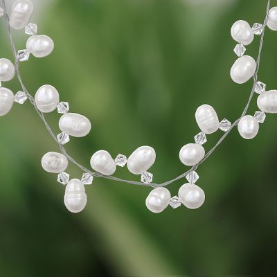 Pearl and crystal choker, 'Spiral' - Bridal Pearl Strand Necklace