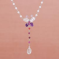 Rose quartz and amethyst choker, 'Butterfly Secrets' - Fair Trade Beaded Quartz Necklace