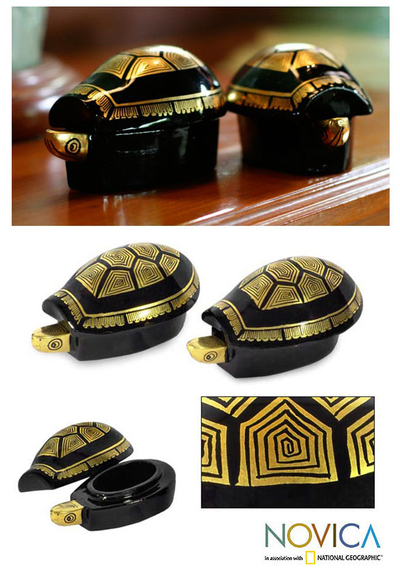 Lacquered wood jewelry boxes, 'Royal Turtles' (pair) - Handcrafted Lacquerware Wood Jewelry Boxes (Pair)