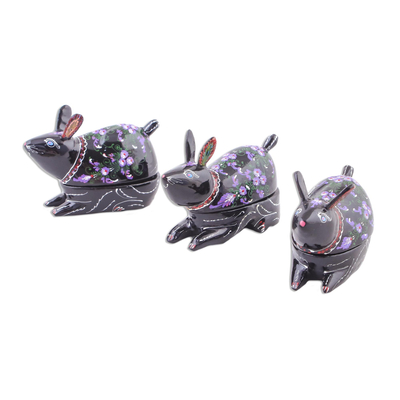 Lacquered wood boxes, 'Violet Bunnies' (set of 3) - Hand Painted Thai Lacquerware Decorative Boxes (Set of 3)
