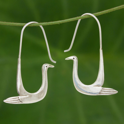 Sterling silver hoop earrings, 'Silver Dove' - Handmade Sterling Silver Bird Earrings