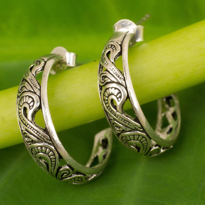 Sterling silver half hoop earrings, 'Moon in the Forest' - Handmade Sterling Silver Half Hoop Earrings